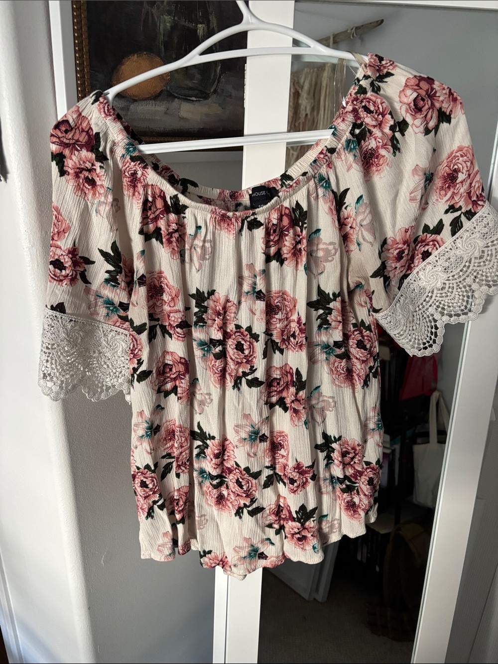 Floral Crochet-Sleeve Off-Shoulder Blouse - Cream and Pink
